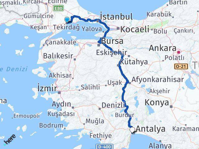 Tekirdağ Konyaaltı Antalya Arası Kaç Km - Yol Haritası