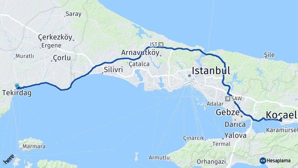 Tekirdağ Körfez Kocaeli Arası Kaç Km - Yol Haritası