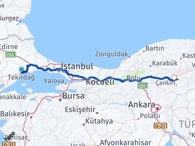 Tekirdağ Korgun Çankırı Arası Kaç Km - Yol Haritası