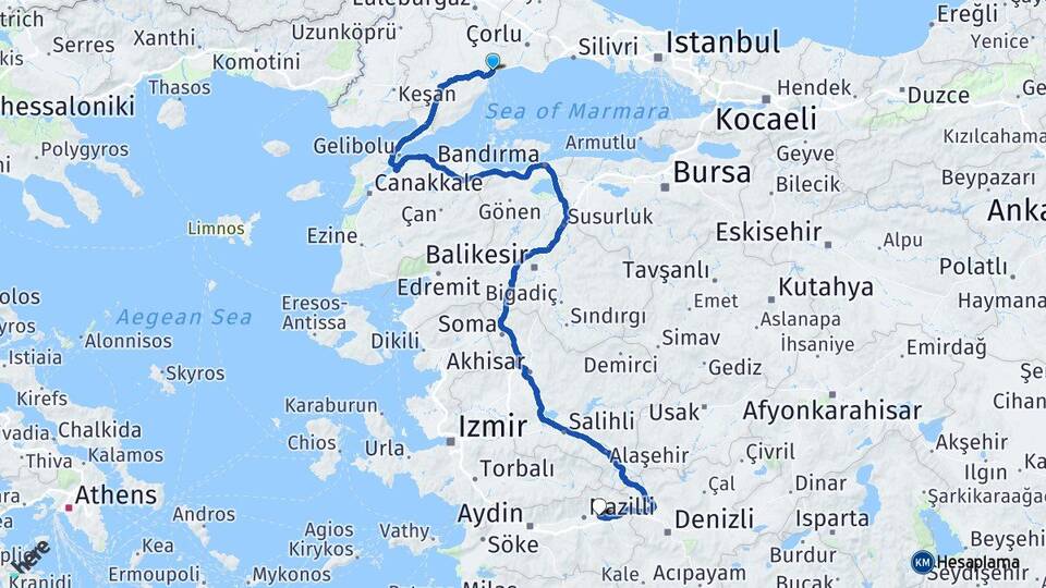 Tekirdağ Kuyucak Aydın Arası Kaç Km - Yol Haritası