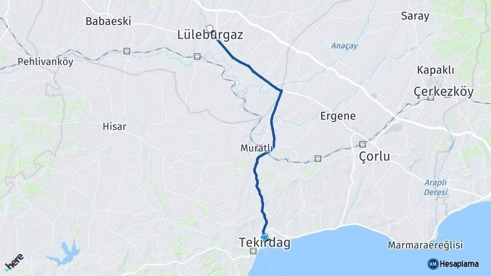 Tekirdağ Lüleburgaz Kırklareli Arası Kaç Km - Yol Haritası