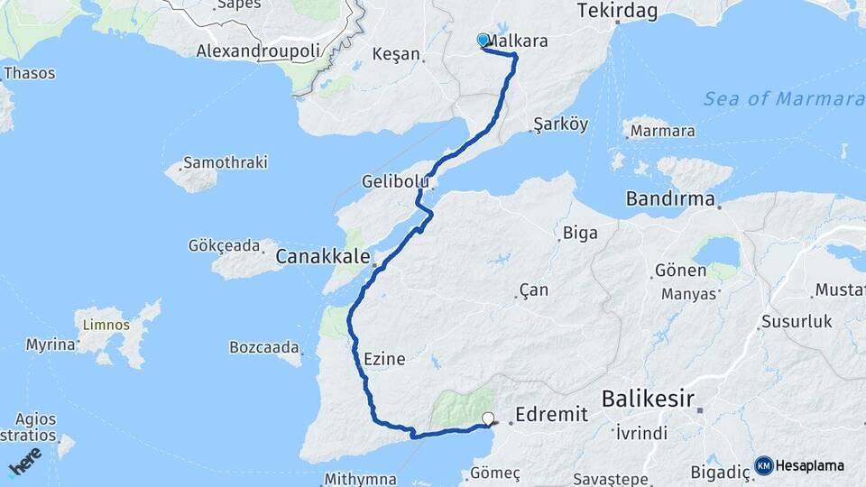 Tekirdağ Malkara Akçay Edremit Balıkesir Arası Kaç Km - Yol Haritası