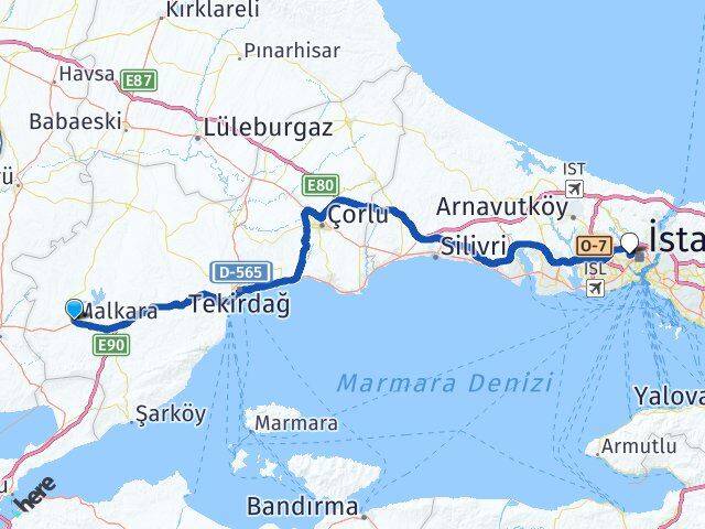 Tekirdağ Malkara Alibeyköy Eyüpsultan İstanbul Arası Kaç Km - Yol Haritası