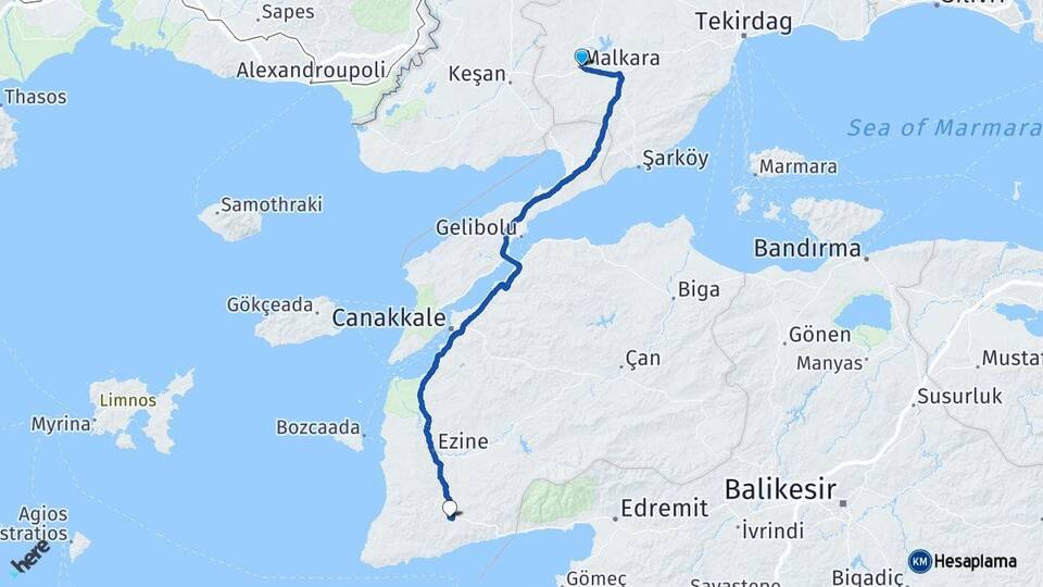 Tekirdağ Malkara Ayvacık Çanakkale Arası Kaç Km - Yol Haritası