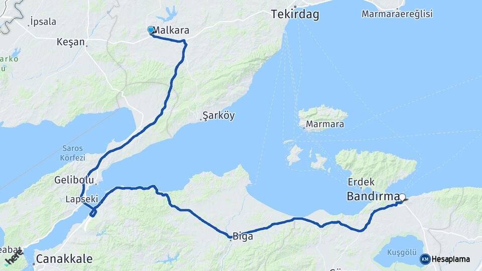 Tekirdağ Malkara Bandırma Balıkesir Arası Kaç Km - Yol Haritası