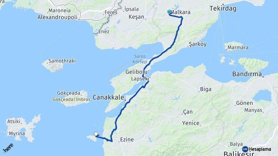 Tekirdağ Malkara Bozcaada Çanakkale Arası Kaç Km - Yol Haritası