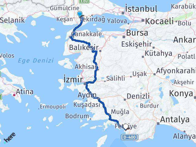 Tekirdağ Malkara Fethiye Muğla Arası Kaç Km - Yol Haritası