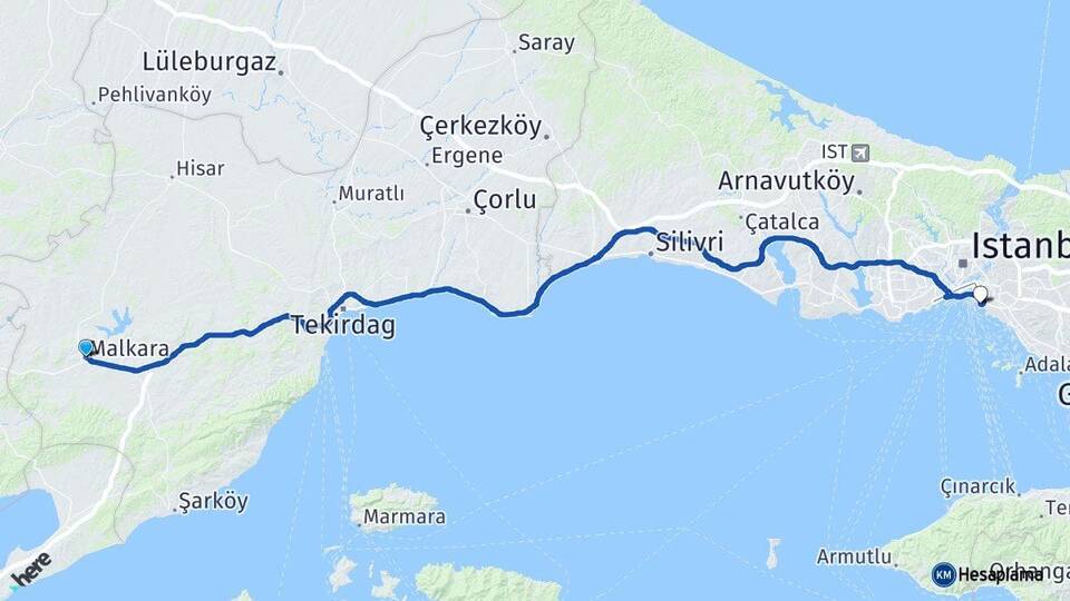 Tekirdağ Malkara Kadıköy İstanbul Arası Kaç Km - Yol Haritası