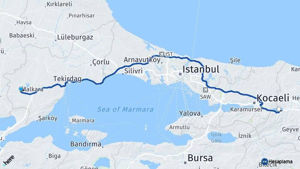 Tekirdağ Malkara Sapanca Sakarya Arası Kaç Km - Yol Haritası