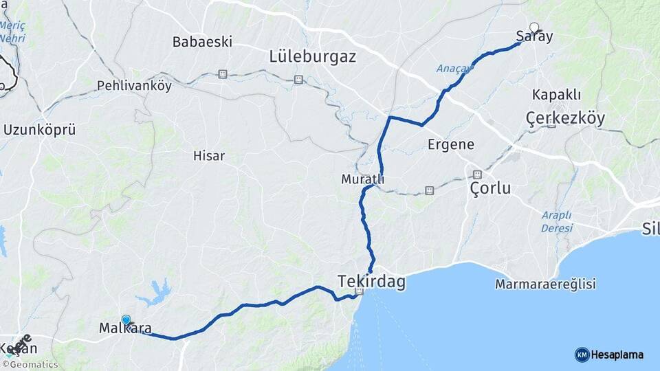 Tekirdağ Malkara Saray Arası Kaç Km - Yol Haritası
