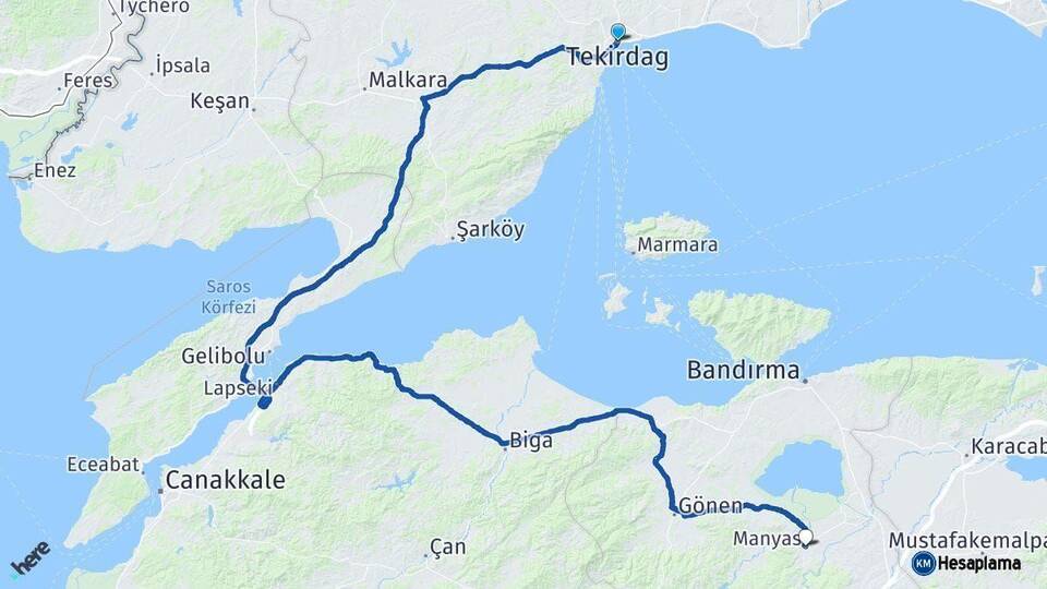 Tekirdağ Manyas Balıkesir Arası Kaç Km - Yol Haritası