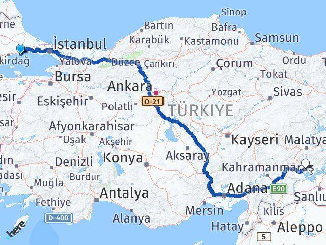 Tekirdağ Marmaraereğlisi Adıyaman Arası Kaç Km - Yol Haritası