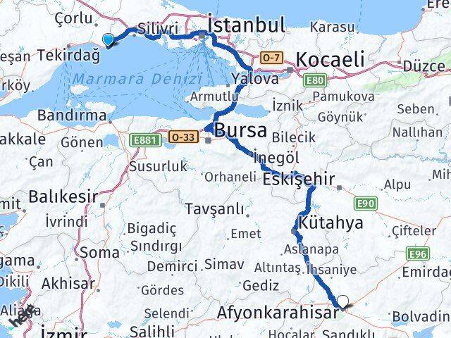 Tekirdağ Marmaraereğlisi Afyonkarahisar Arası Kaç Km - Yol Haritası
