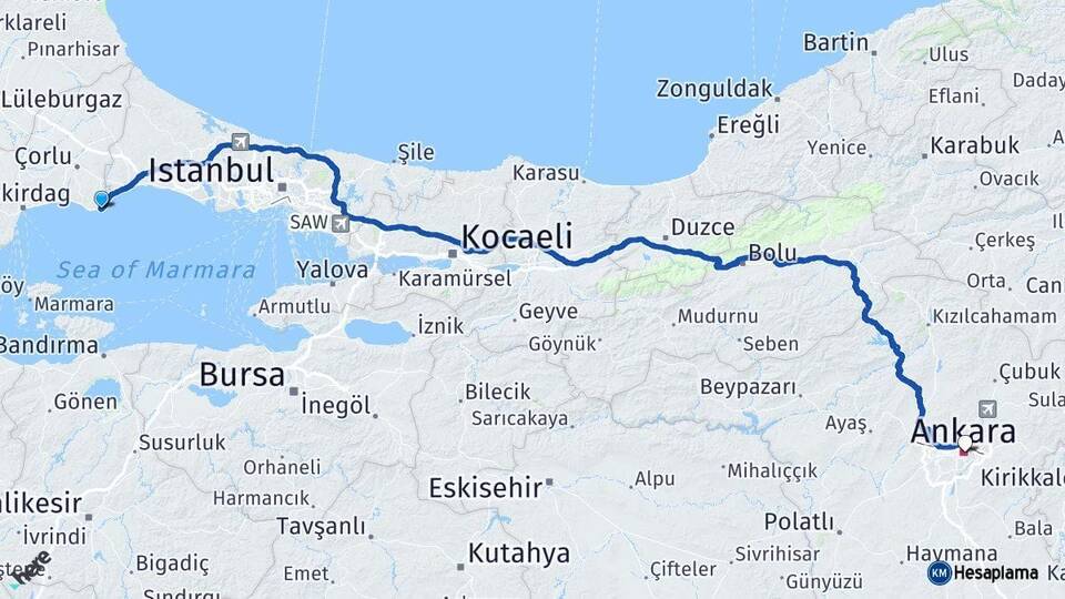 Tekirdağ Marmaraereğlisi Ankara Arası Kaç Km - Yol Haritası