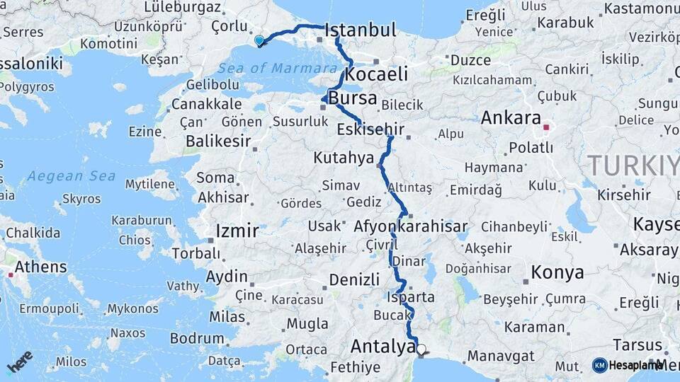 Tekirdağ Marmaraereğlisi Antalya Arası Kaç Km - Yol Haritası