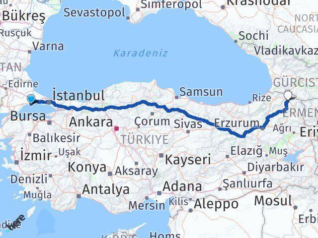 Tekirdağ Marmaraereğlisi Ardahan Arası Kaç Km - Yol Haritası