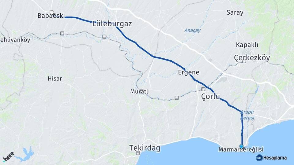 Tekirdağ Marmaraereğlisi Babaeski Kırklareli Arası Kaç Km - Yol Haritası