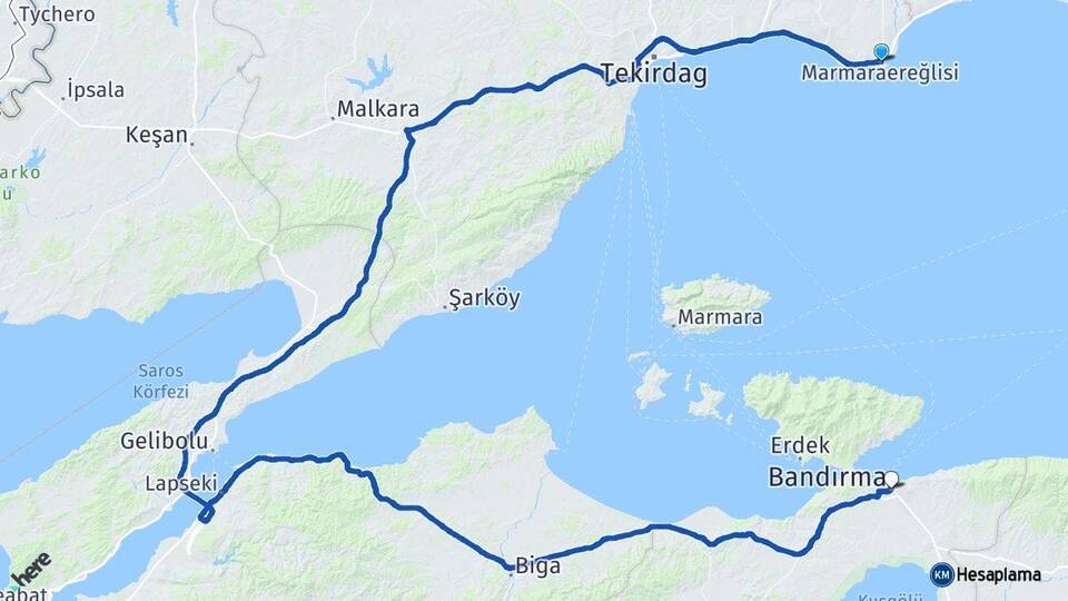 Tekirdağ Marmaraereğlisi Bandırma Balıkesir Arası Kaç Km - Yol Haritası