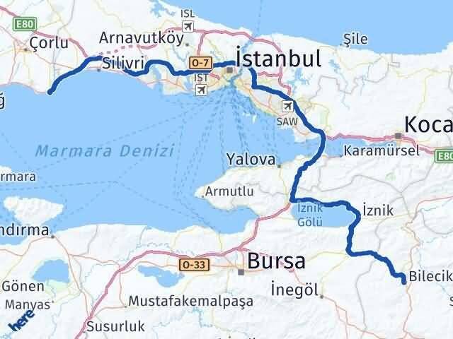 Tekirdağ Marmaraereğlisi Bilecik Arası Kaç Km - Yol Haritası