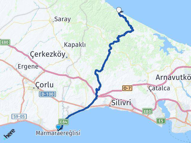 Tekirdağ Marmaraereğlisi Çatalca İstanbul Arası Kaç Km - Yol Haritası