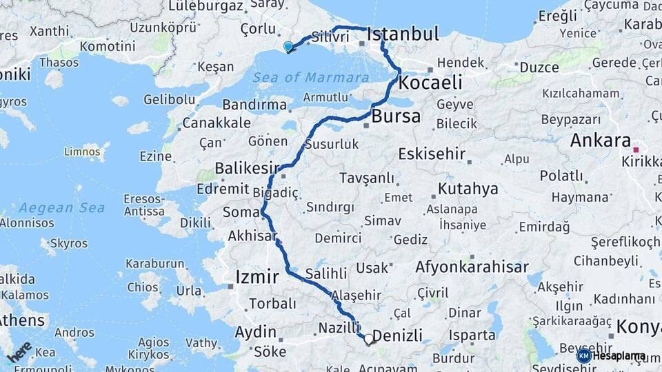 Tekirdağ Marmaraereğlisi Denizli Arası Kaç Km - Yol Haritası