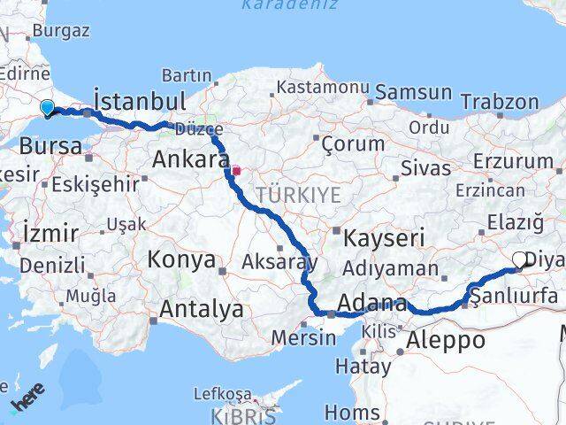 Tekirdağ Marmaraereğlisi Diyarbakır Arası Kaç Km - Yol Haritası