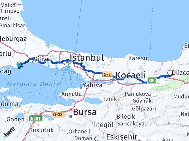 Tekirdağ Marmaraereğlisi Düzce Arası Kaç Km - Yol Haritası