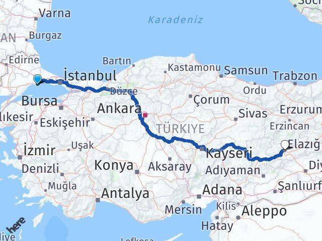 Tekirdağ Marmaraereğlisi Elazığ Arası Kaç Km - Yol Haritası