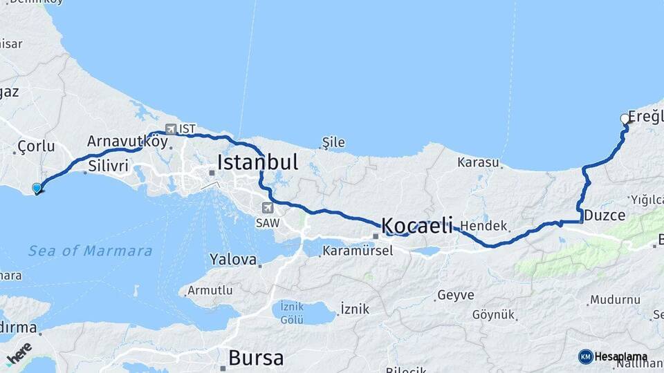 Tekirdağ Marmaraereğlisi Ereğli Zonguldak Arası Kaç Km - Yol Haritası