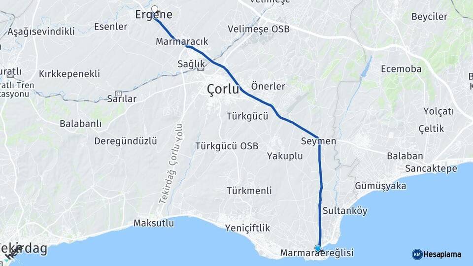Tekirdağ Marmaraereğlisi Ergene Arası Kaç Km - Yol Haritası