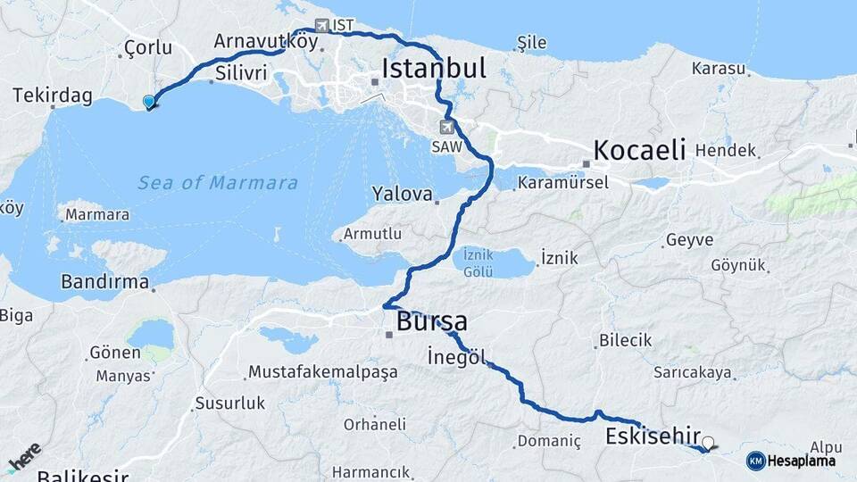 Tekirdağ Marmaraereğlisi Eskişehir Arası Kaç Km - Yol Haritası