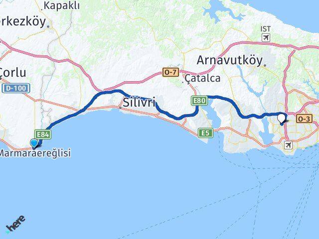 Tekirdağ Marmaraereğlisi Halkalı Küçükçekmece İstanbul Arası Kaç Km - Yol Haritası