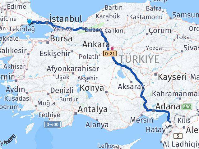 Tekirdağ Marmaraereğlisi Hatay Arası Kaç Km - Yol Haritası