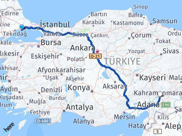 Tekirdağ Marmaraereğlisi Kahramanmaraş Arası Kaç Km - Yol Haritası