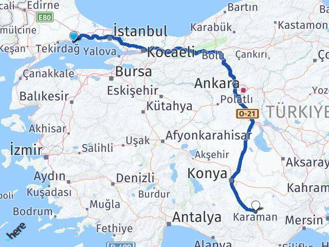 Tekirdağ Marmaraereğlisi Karaman Arası Kaç Km - Yol Haritası