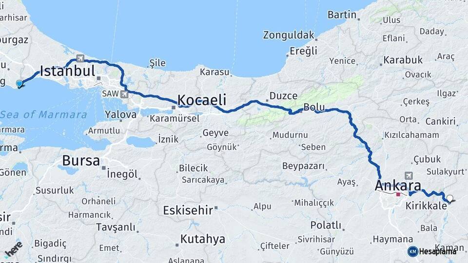 Tekirdağ Marmaraereğlisi Kırıkkale Arası Kaç Km - Yol Haritası