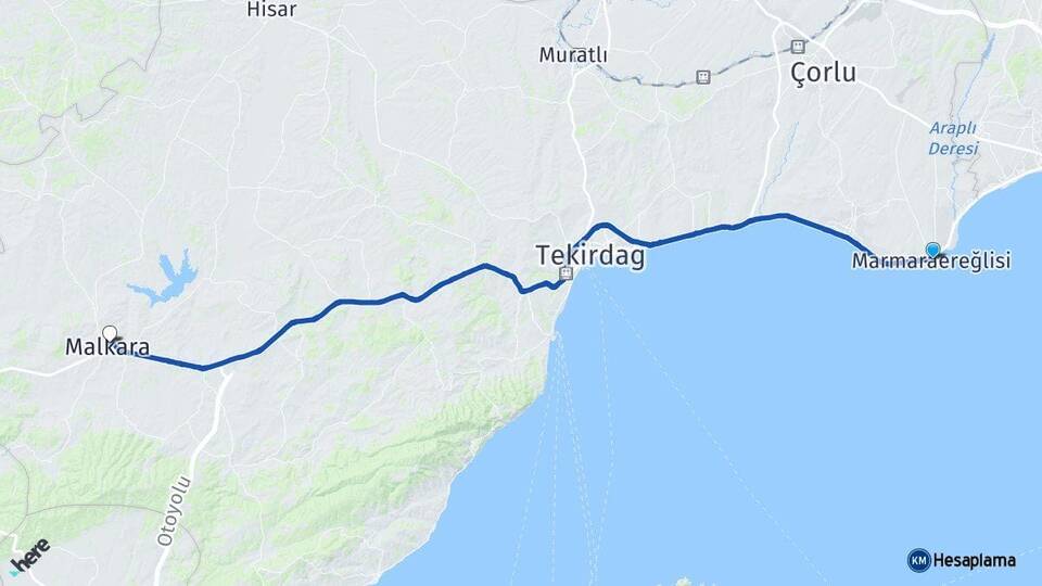 Tekirdağ Marmaraereğlisi Malkara Arası Kaç Km - Yol Haritası