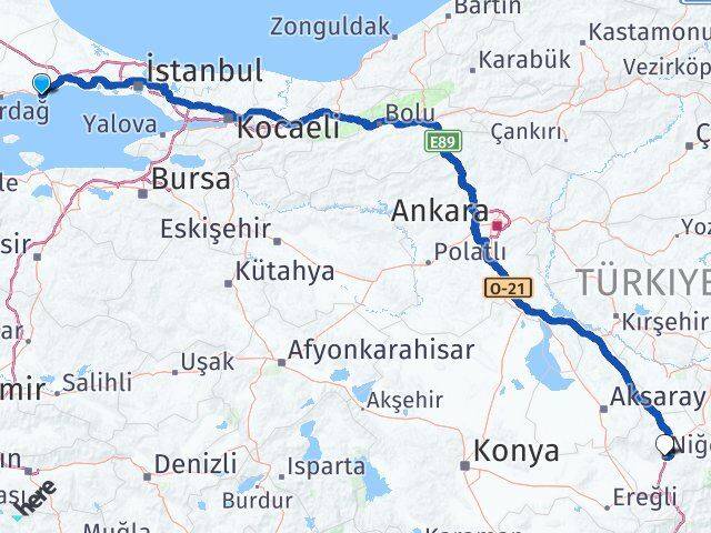 Tekirdağ Marmaraereğlisi Niğde Arası Kaç Km - Yol Haritası