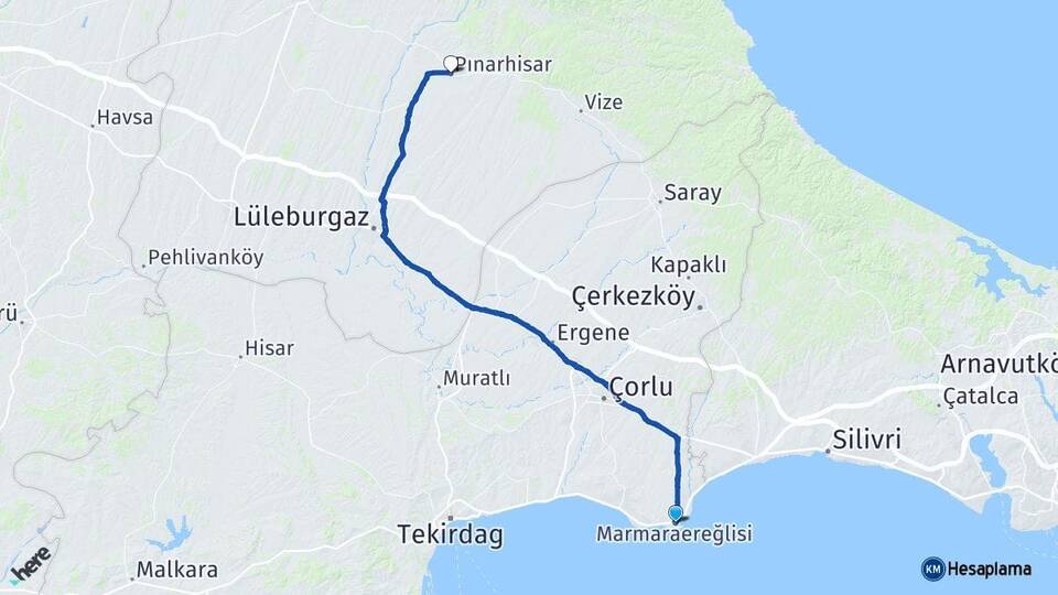 Tekirdağ Marmaraereğlisi Pınarhisar Kırklareli Arası Kaç Km - Yol Haritası