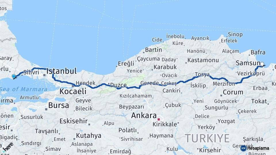 Tekirdağ Marmaraereğlisi Samsun Arası Kaç Km - Yol Haritası