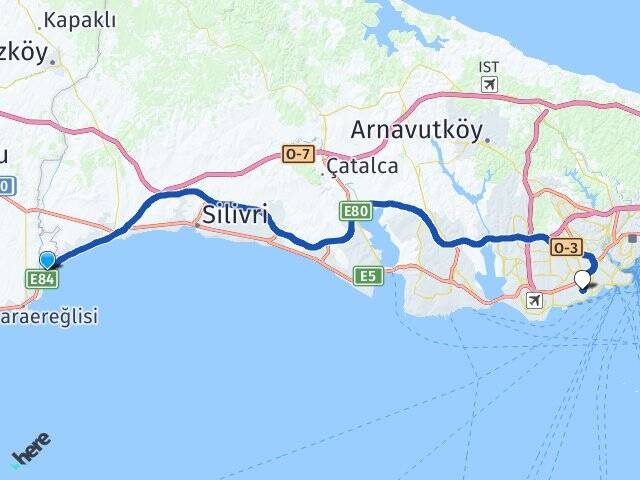 Tekirdağ Marmaraereğlisi Sultanköy Zeytinburnu İstanbul Arası Kaç Km - Yol Haritası