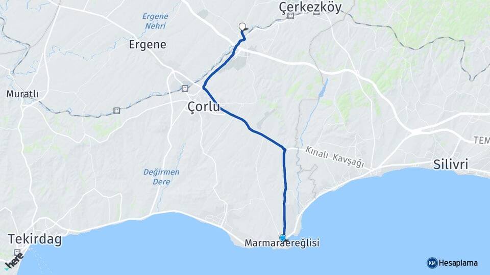 Tekirdağ Marmaraereğlisi Velimeşe Ergene Arası Kaç Km - Yol Haritası