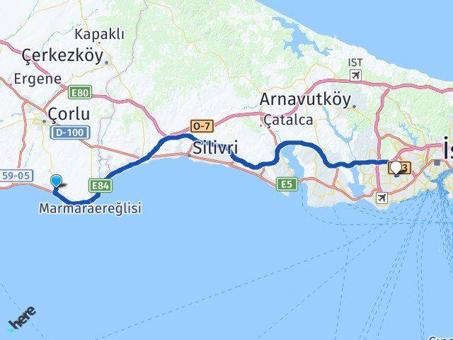 Tekirdağ Marmaraereğlisi Yeniçiftlik Bağcılar İstanbul Arası Kaç Km - Yol Haritası