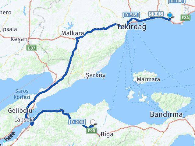Tekirdağ Marmaraereğlisi Yeniçiftlik Biga Çanakkale Arası Kaç Km - Yol Haritası