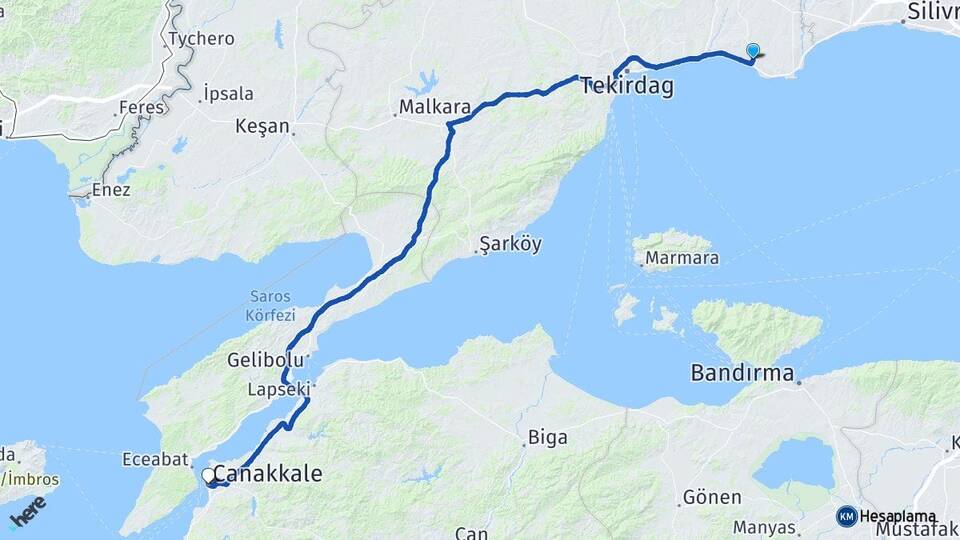 Tekirdağ Marmaraereğlisi Yeniçiftlik Çanakkale Arası Kaç Km - Yol Haritası
