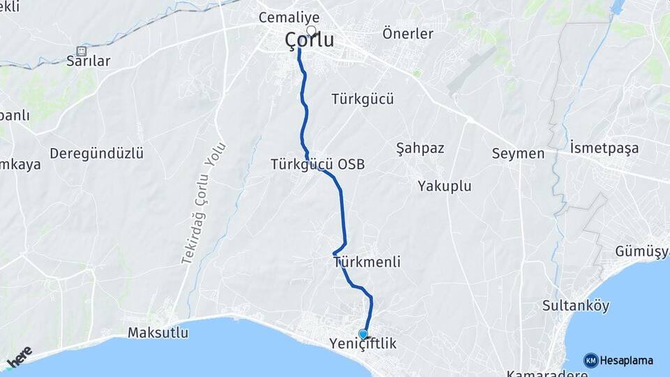 Tekirdağ Marmaraereğlisi Yeniçiftlik Çorlu Arası Kaç Km - Yol Haritası