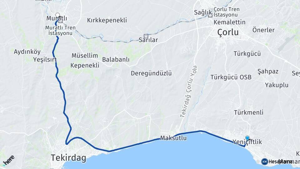 Tekirdağ Marmaraereğlisi Yeniçiftlik Muratlı Arası Kaç Km - Yol Haritası