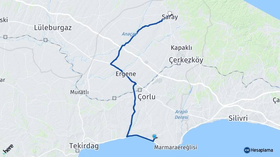 Tekirdağ Marmaraereğlisi Yeniçiftlik Saray Arası Kaç Km - Yol Haritası
