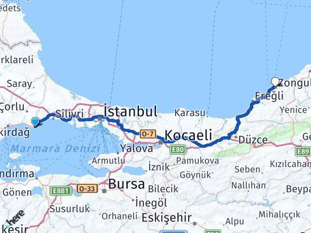 Tekirdağ Marmaraereğlisi Zonguldak Arası Kaç Km - Yol Haritası