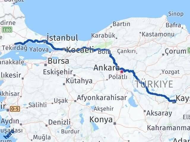 Tekirdağ Melikgazi Kayseri Arası Kaç Km - Yol Haritası
